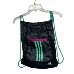 Adidas Black and Green Drawstring Bag.